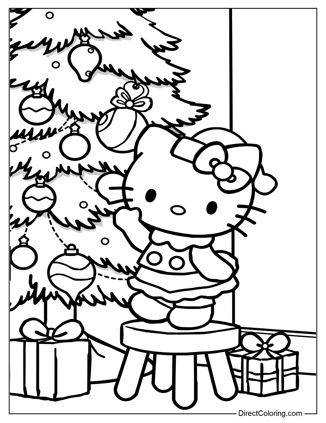 Hello Kitty Decorating a ChristmasTree Coloring to Print